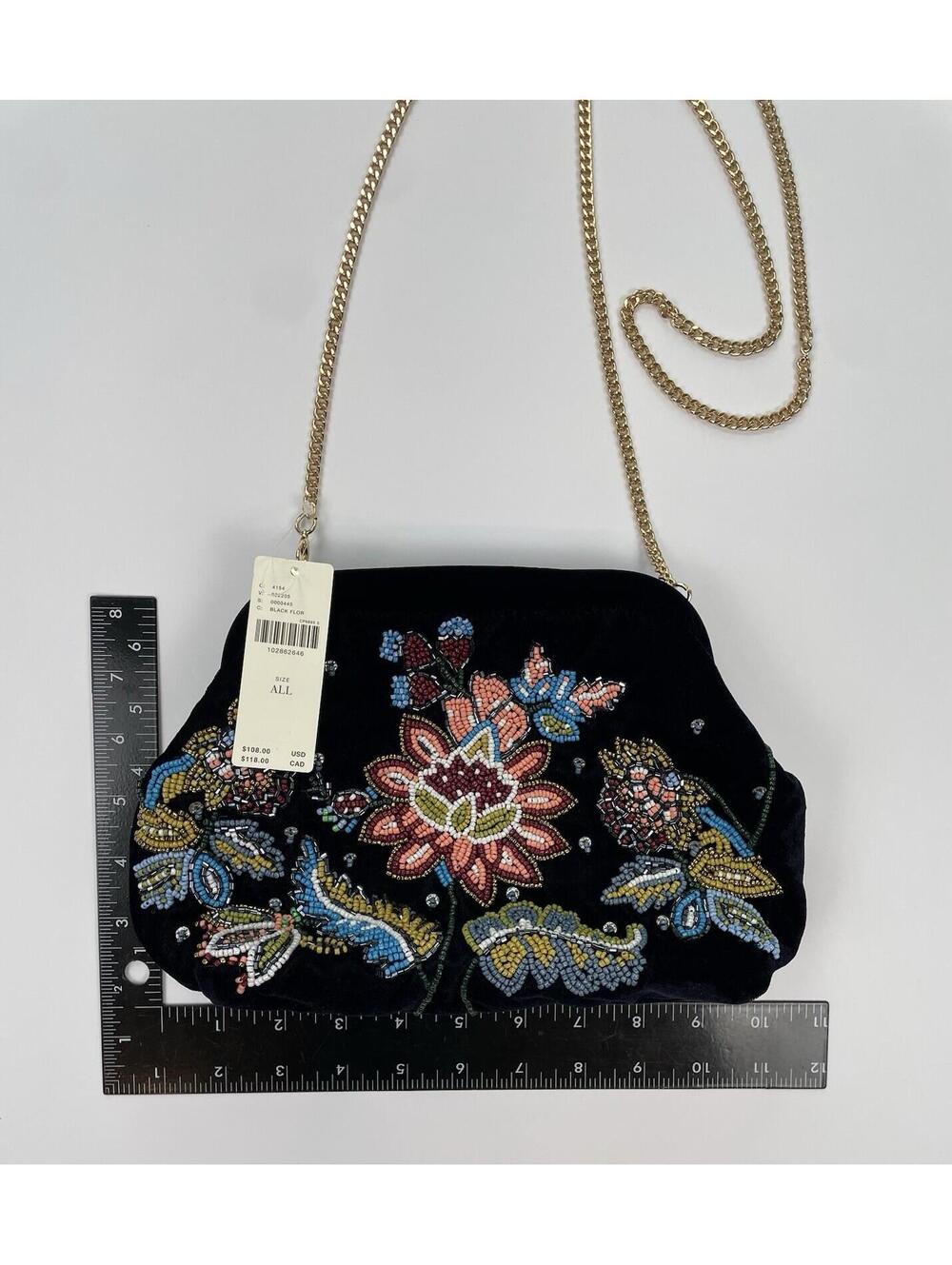 NWT Anthropologie Beaded Floral Velvet Clutch Shoulder Bag With Gold Chain Boho - Picture 9 of 9